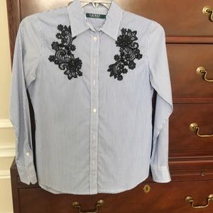 Lauren all cotton blue and white shirt embroidered and beading detail on front